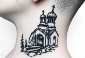 russian design traditional virgin mary stood beside the entrance of a russian orthodox dome church on the side of the neck in a wilderness setting with the design spread out the side of the neck tattoo idea
