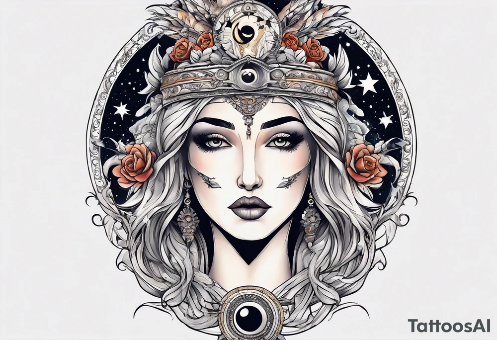 A tattoo design inspired by southern Italian folklore tales, incorporating mystical creatures and celestial objects such as moons and stars, reflecting the client's love for folklore and celestial objects. tattoo idea