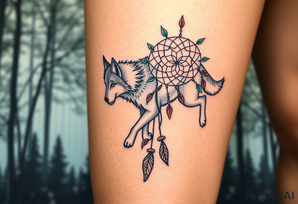 A wolf running through the woods, with dreamcatcher rings woven into the landscape. The wolf’s fur is shaded in shades of gray and white, while the dreamcatcher is adorned with green leaves and earthy brown tones tattoo idea