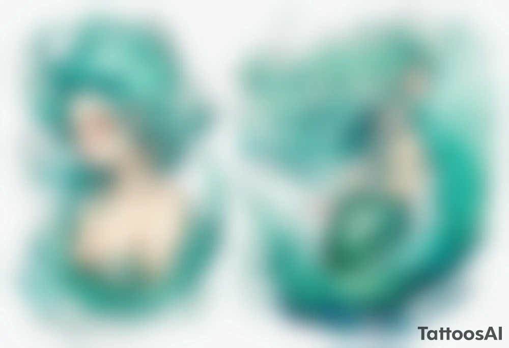 a mermaid emerging from the sea, turquoise hair, wearing a white robe, tattoo idea