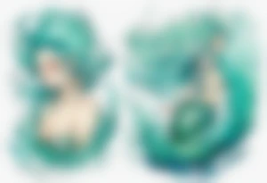 a mermaid emerging from the sea, turquoise hair, wearing a white robe, tattoo idea