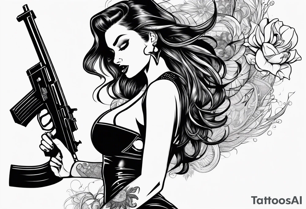 sexy lady holding a gun in mini shorts and bra blowing the gun while it’s smoking, the words “lady killer” beside it, a y2k inspired tattoo tattoo idea