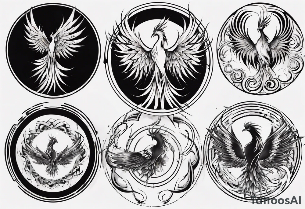 Phoenix rising blending in circles tattoo idea