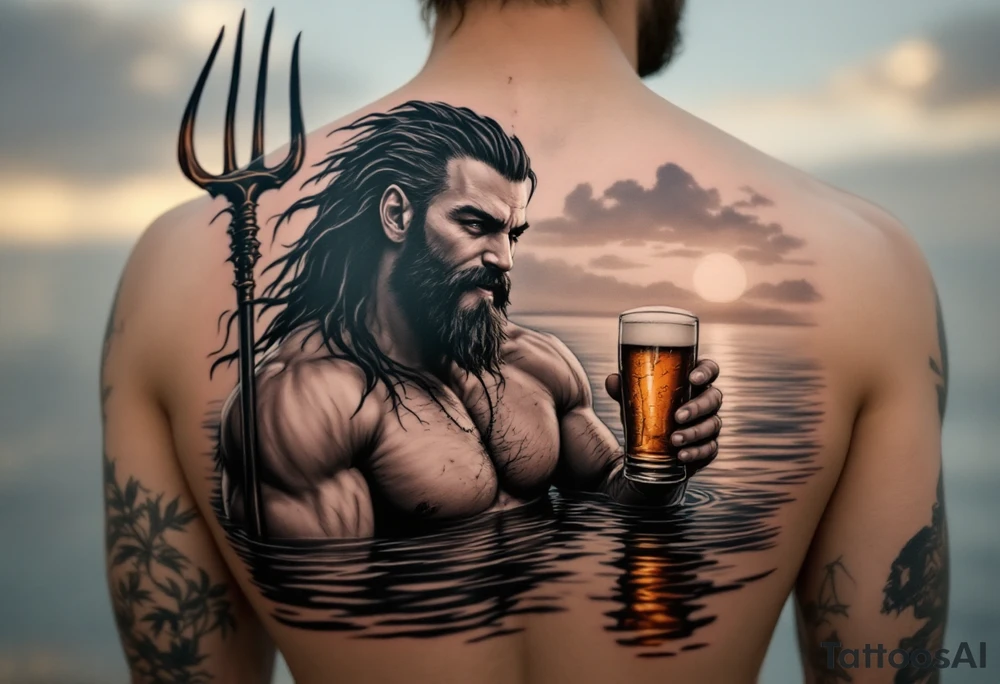 young, happy, fit poseidon in calm water, holding a trident, drinking a beer, with sunset tattoo idea