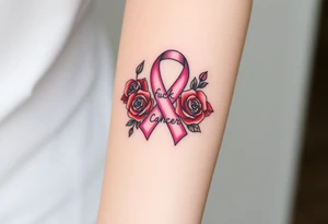 Pretty pink Cancer ribbon that says "fuck cancer"with red roses tattoo idea