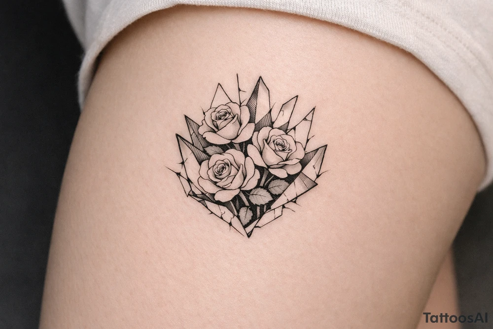 Roses blooming within jagged, shattered mirror shards, sharp edges. tattoo idea
