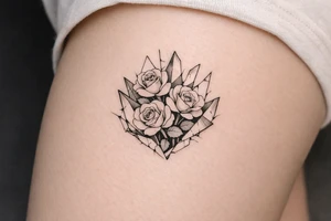 Roses blooming within jagged, shattered mirror shards, sharp edges. tattoo idea