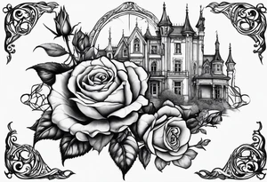 old broken gothic home, broken sword, roses tattoo idea