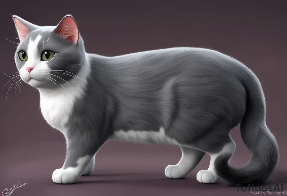 Grey and white cat. She has mostly grey body, smaller white patches on her belly, all four paws are white, but her legs are grey.  she has a tiny little white moustache. White whiskers. She is on the larger side for a cat. I want the tattoo to reflect her sweet personality. She loved sunshine and flowers. She is recently passed away and I would like a memorial tattoo of my sweet baby cat. I want a black and white simple sketch. Her face is completely grey except a tiny white moustache below her nose. tattoo idea