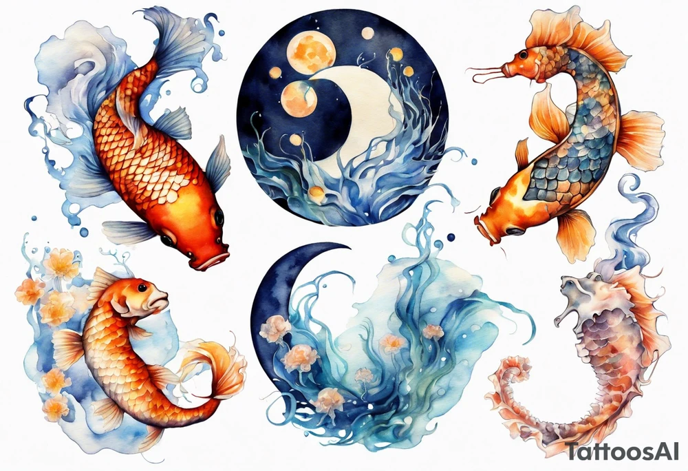 koi carp, jellyfish and a seahorse with the moon together tattoo idea