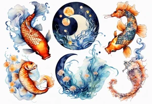 koi carp, jellyfish and a seahorse with the moon together tattoo idea