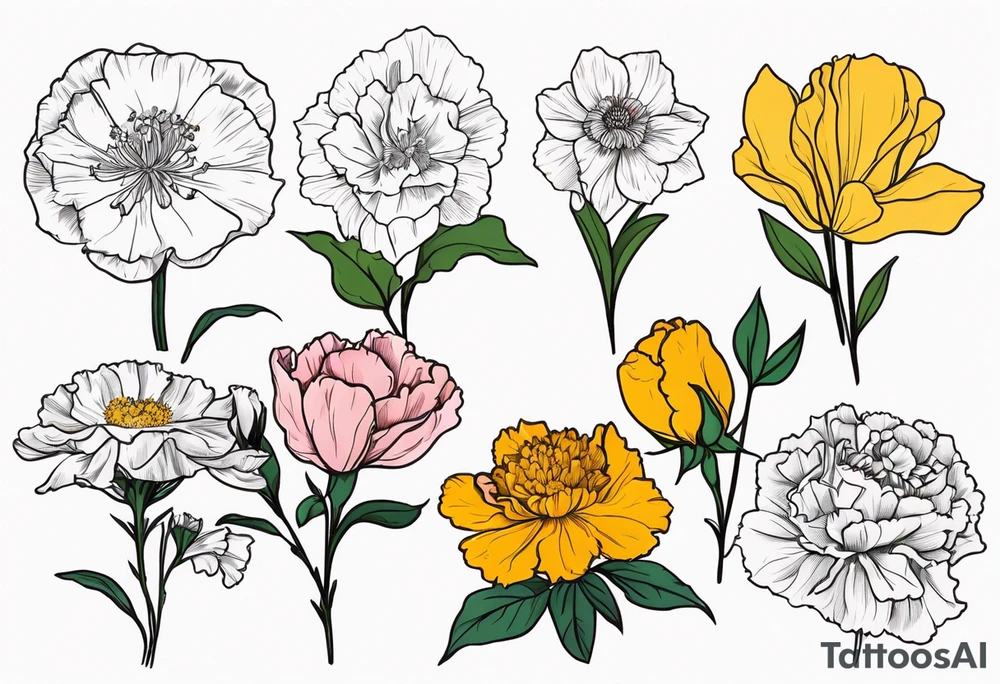 Bundle of flowers: Two carnations, Two daffodils, One snowdrop, One hawthorn flower, Two honeysuckles, One rose, One chrysanthemum, one cosmos, one marigold, one morning glory, and one aster tattoo idea