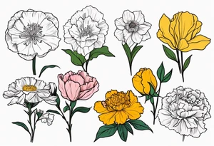 Bundle of flowers: Two carnations, Two daffodils, One snowdrop, One hawthorn flower, Two honeysuckles, One rose, One chrysanthemum, one cosmos, one marigold, one morning glory, and one aster tattoo idea