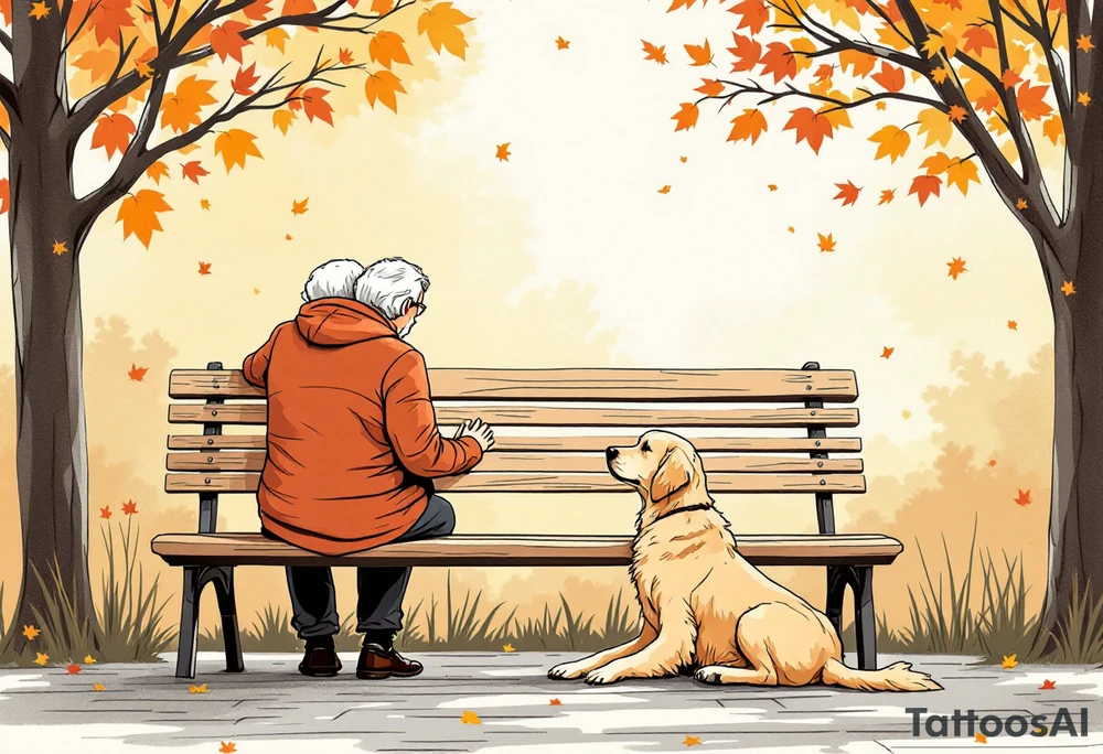 Envision a peaceful park scene with an elderly couple sitting together on a wooden bench, their hands gently resting together. At their feet lies a golden retriever, gazing up at them with a loyal and loving look. Autumn leaves gently fall in the background, evoking warmth, comfort, and timeless companionship. In elegant script, a touching message reads:
“Your life journey is an inspiration – congratulations on your 80th birthday! With love, your Albi team.”
The illustration carries a slightly more realistic, sentimental tone—ideal for a meaningful and emotional birthday tribute. tattoo idea