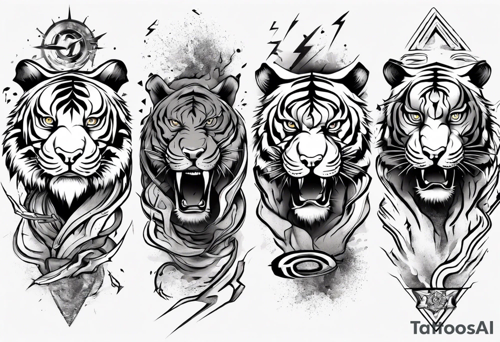Ancient tiger with lightning and a sun for a forearm sleeve tattoo idea