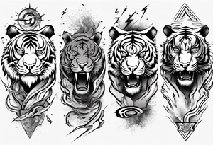 Ancient tiger with lightning and a sun for a forearm sleeve tattoo idea