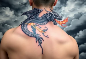fierce dragon breathing iridescent fire against stormy skies tattoo idea