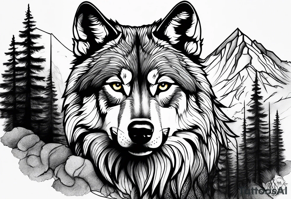 Mountains, wolf in it tattoo idea