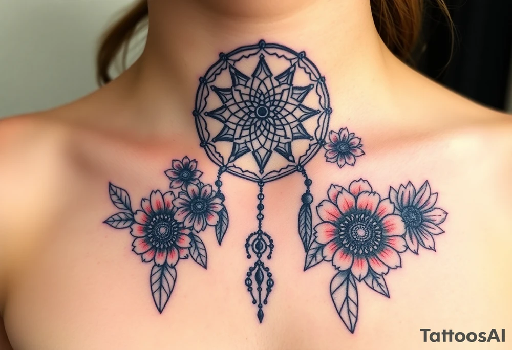 Dreamcatcher with zodiac symbols and protection runes caught in it with tigerlillies roses and sunflowers tattoo idea