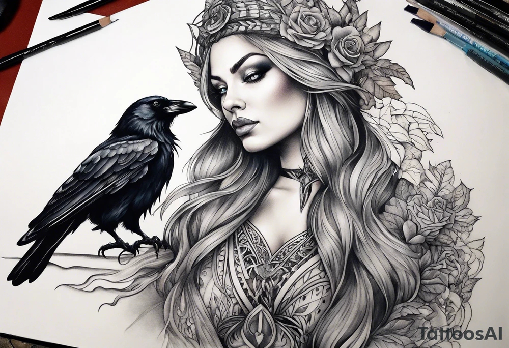 A fairy/witch with a Lot of collors (use fullcolor tattoo style)
Below the fairy a Black and white raven (use blackwork tattoo style)
Below the raven a realistic Wolf. tattoo idea