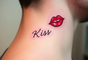 Neck tattoo of lips on the right side, puckered or slightly parted, with the word "Kiss" in a cursive or sleek font below or beside it. with red or black ink for a bold, elegant look. tattoo idea