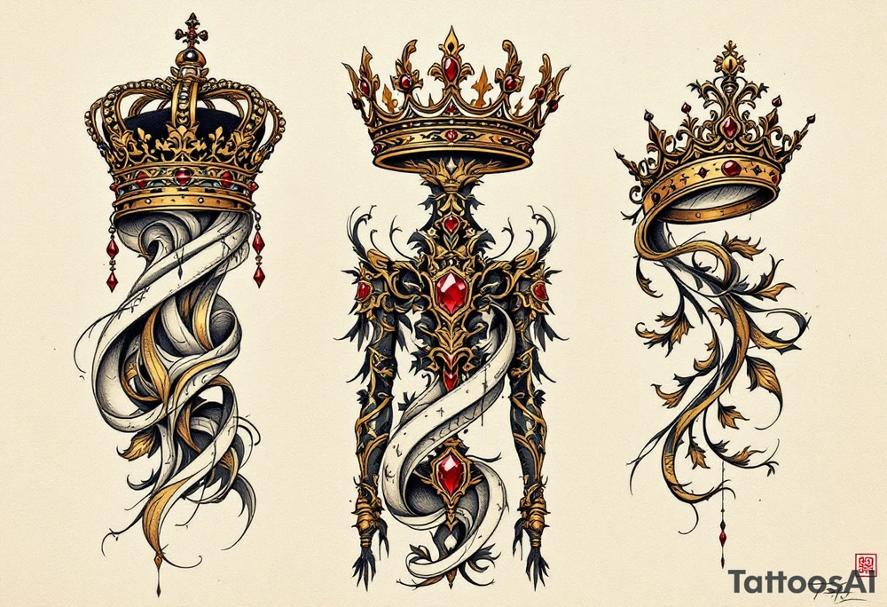 Baroque-style crowns designs with gold and ruby detailing. tattoo idea