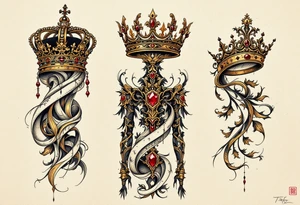Baroque-style crowns designs with gold and ruby detailing. tattoo idea
