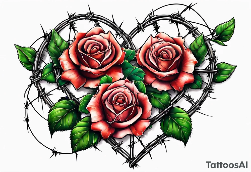 Three roses with barbed wire wrapped around them and a broken heart tattoo idea