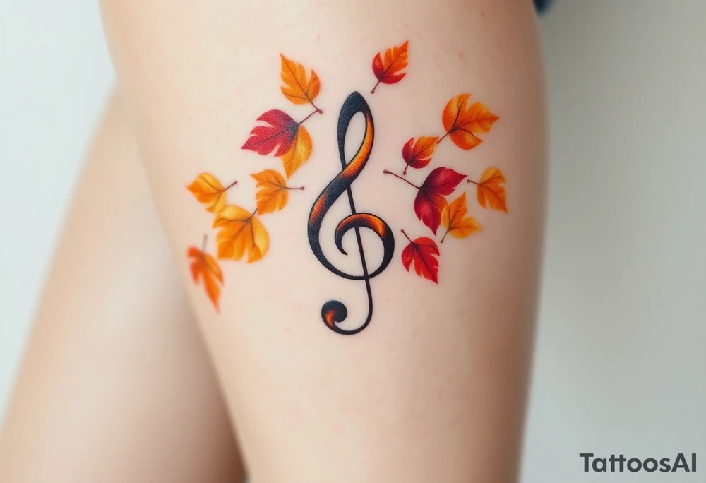 A treble clef surrounded by a cascade of falling autumn leaves, in shades of gold, orange, and deep burgundy, evoking a sense of change and movement tattoo idea