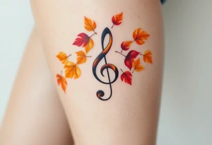 A treble clef surrounded by a cascade of falling autumn leaves, in shades of gold, orange, and deep burgundy, evoking a sense of change and movement tattoo idea