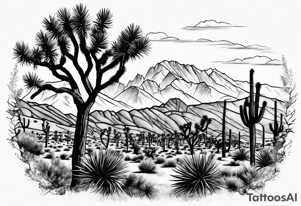 Joshua Tree with mountains and pine trees tattoo idea Joshua Tree with mountains and pine trees tattoo idea