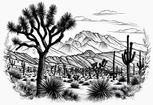 Joshua Tree with mountains and pine trees tattoo idea