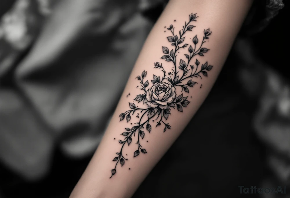 Rose vine and wild flowers, moon forest  and wrap around half sleeve tattoo idea