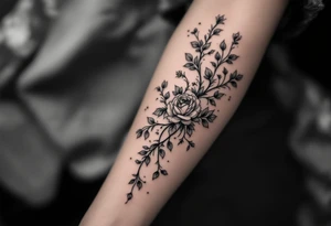 Rose vine and wild flowers, moon forest  and wrap around half sleeve tattoo idea