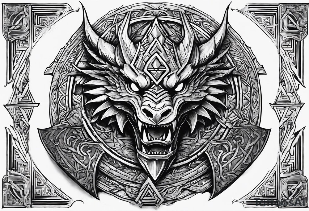 Valhalla sword shield dragon axe Valknut steps tattoo idea