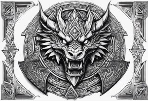 Valhalla sword shield dragon axe Valknut steps tattoo idea