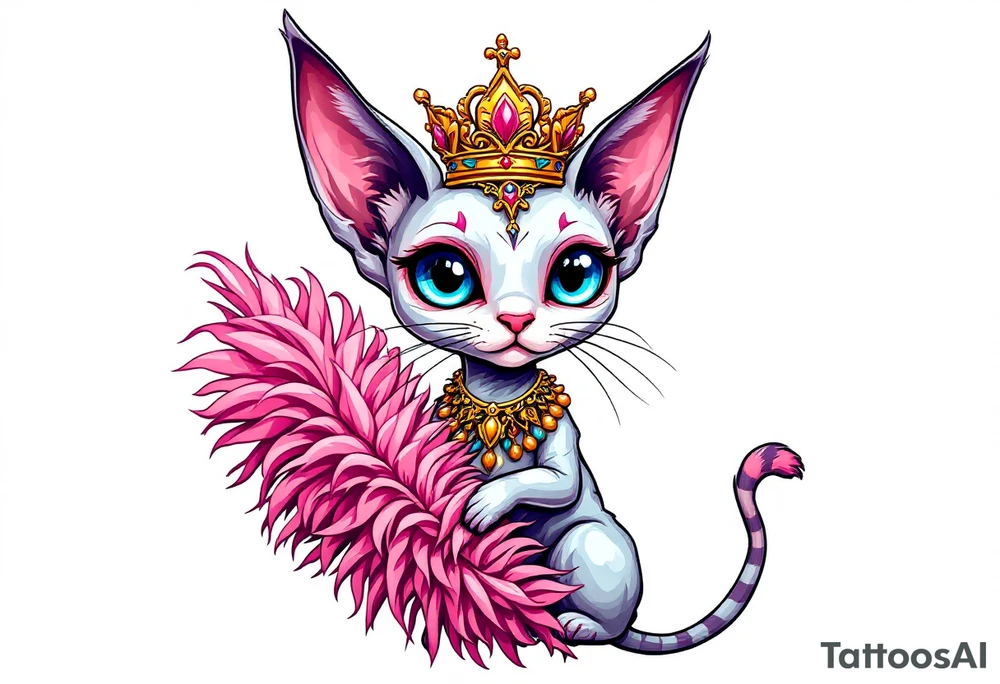 Chibi new school Glamorous sphinx cat holding 
pink feather boa and wearing a crown tattoo idea
