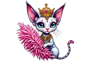 Chibi new school Glamorous sphinx cat holding 
pink feather boa and wearing a crown tattoo idea