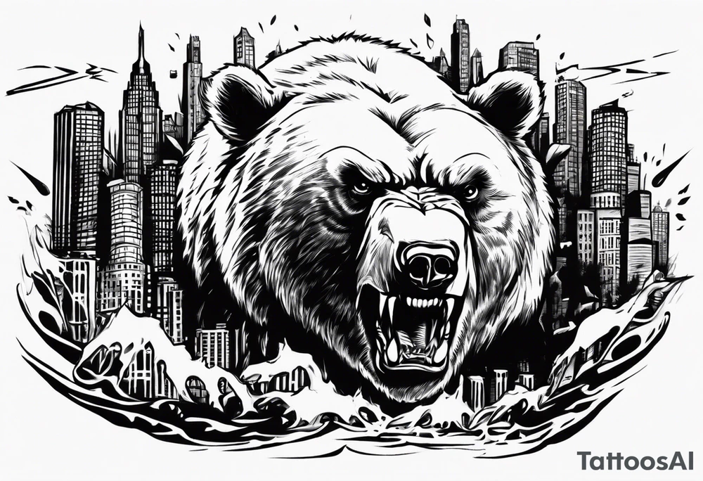 Angry bear coming up behind a city tattoo idea