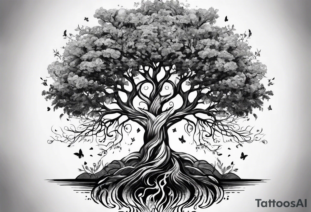 Tree of life with the roots going into a tigers stripes tattoo idea