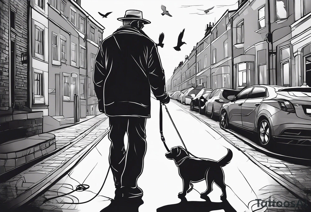 create me a  tattoo of the back of a grandfather he is holding a dog lead and walking a dog. around it is other line drawings of pigeons, dogs, rugby balls, cricket items, tools and binoculars with birds tattoo idea