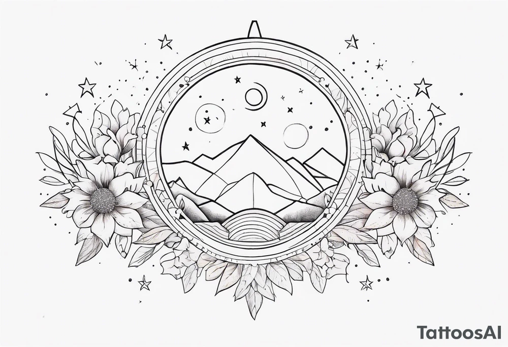 fine line with sun, stars, floral, dots. Sternum tattoo tattoo idea