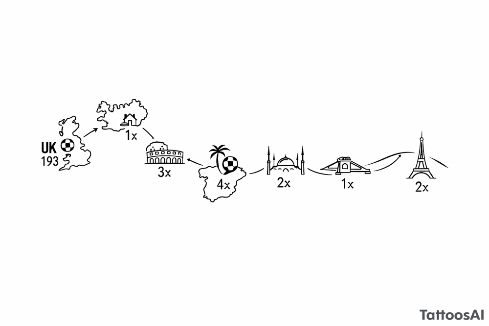 A football journey no crests stars each country on how many times ive played there
A fine-line world map or stylized route connecting Iceland ➔ Italy ➔ Spain ➔ Turkey ➔ Hungary ➔ France, with minimalist markers for each club.
Starting in uk 193 tattoo idea
