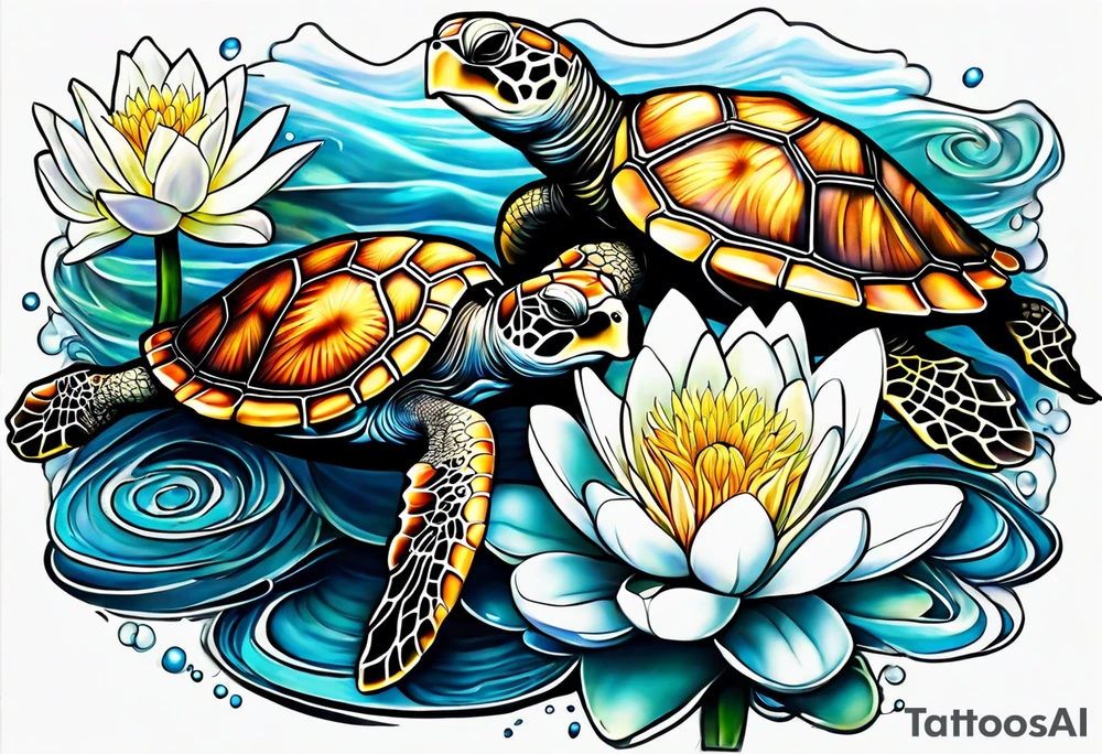 Mom and 2 baby sea turtle tattoos with 4 water lilies tattoo idea