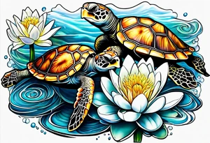 Mom and 2 baby sea turtle tattoos with 4 water lilies tattoo idea