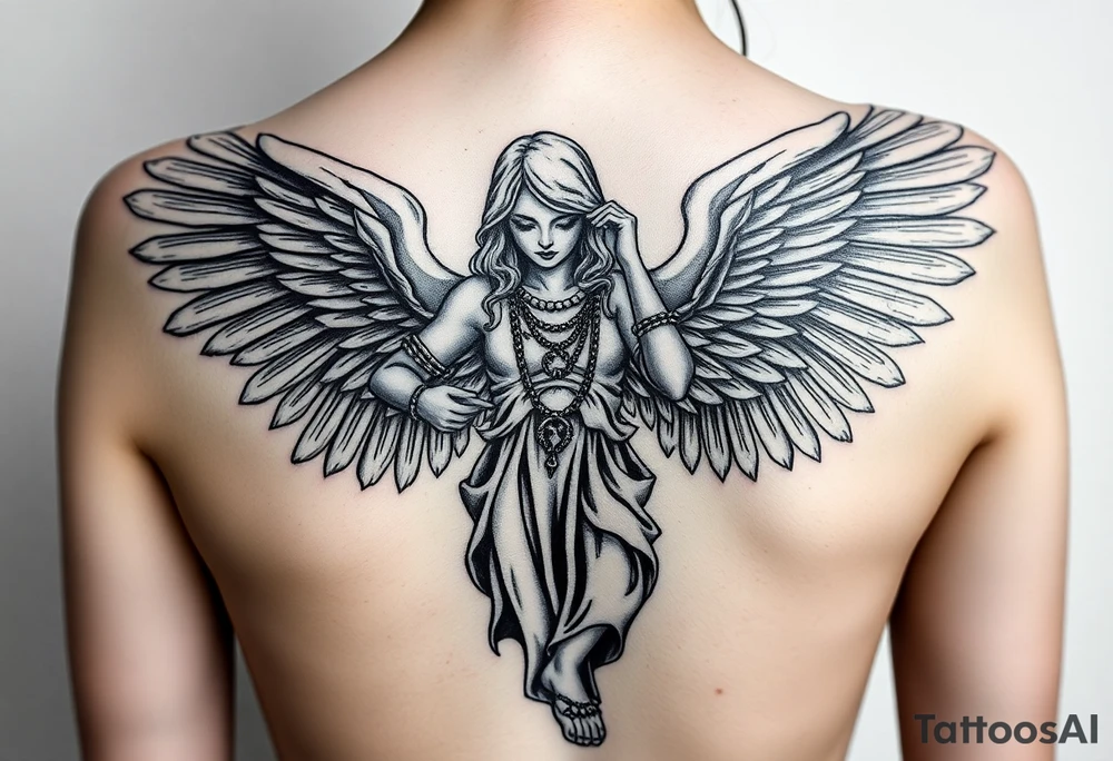 tattooed criminal-style angel statue, weapons in hand, gangster-style gold necklaces tattoo idea