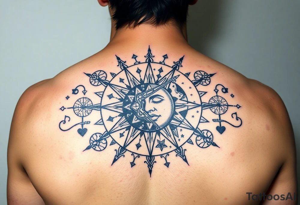 celestial sun and moon embrace with constellation patterns tattoo idea