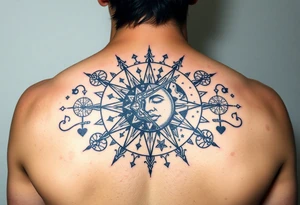 celestial sun and moon embrace with constellation patterns tattoo idea