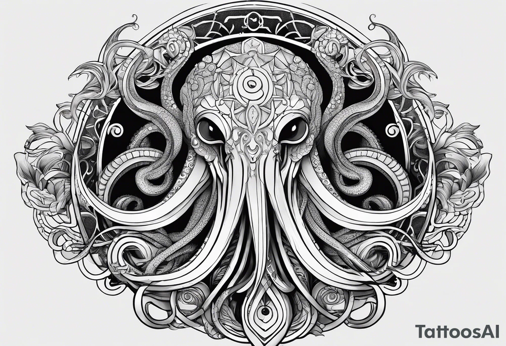 Lovecraftian creature, flowing into more futuristic technology elements. Long tentacles. Vertical long. tattoo idea