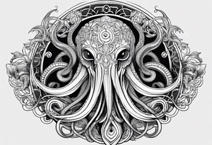 Lovecraftian creature, flowing into more futuristic technology elements. Long tentacles. Vertical long. tattoo idea